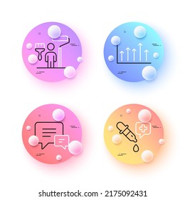 Comment, Painter and Chemistry pipette minimal line icons. 3d spheres or balls buttons. Growth chart icons. For web, application, printing. Talk bubbles, Paint brush, Laboratory. Upper arrows. Vector