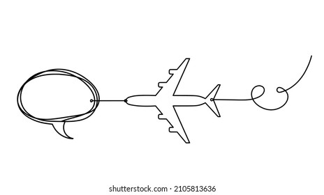 Comment with plane as line drawing on white background. Vector