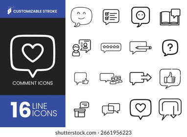 Conjunto de iconos de línea de comentario y reacción