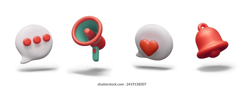 Comment sign, megaphone, like, bell. Isolated realistic objects for advertising mockups