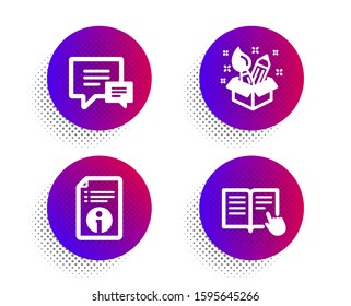 Comment, Technical info and Creativity icons simple set. Halftone dots button. Read instruction sign. Talk bubbles, Documentation, Design idea. Opened book. Education set. Vector