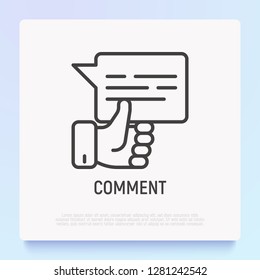 Comment thin line icon: speech bubble with thumbs up. Modern vector illustration.