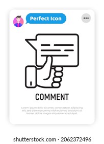Comment thin line icon, speech bubble with thumbs up. Modern vector illustration.
