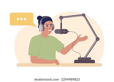 Comentarista grabando podcast personal 2D vector aislado ilustración spot. Reportero con micrófono de carácter plano sobre fondo de dibujos animados. Colorida escena editable para móvil, sitio web, revista