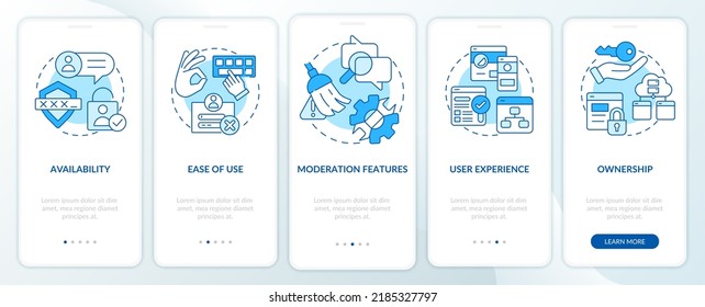 Commenting platform features blue onboarding mobile app screen. Walkthrough 5 steps editable graphic instructions with linear concepts. UI, UX, GUI template. Myriad Pro-Bold, Regular fonts used