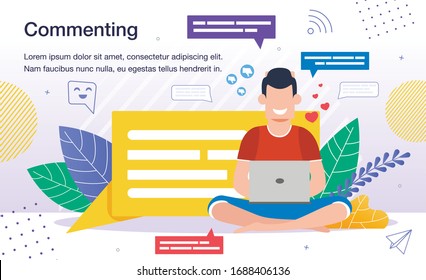 Commenting in Social Networks, Online Audience Activity Banner, Poster Template. Computer User, Man Leaving Feedback, Sharing Opinion, Writing Message in Social Media Trendy Flat Vector Illustration