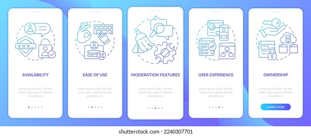 Commenting system attributes blue gradient onboarding mobile app screen. Walkthrough 5 steps graphic instructions with linear concepts. UI, UX, GUI template. Myriad Pro-Bold, Regular fonts used