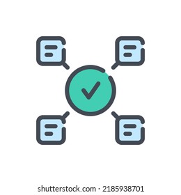 Icono de línea de color de aprobación de comentarios y confirmación de texto. Casillas de conversación y marca de verificación en el símbolo colorido del contorno del vector circular.