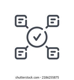 Comments approval and text confirmation line icon. Chat boxes and check mark in circle vector outline sign.