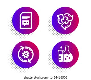Comments, Cogwheel and Recycle icons simple set. Halftone dots button. Chemistry flask sign. Document with speech bubble, Engineering tool, Recycling waste. Laboratory. Technology set. Vector