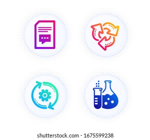 Los iconos Comentar, CogWheel y Reciclar conjunto simple. Botón con puntos de tono medio. Signo de frasco de química. Documento con burbuja del habla, herramienta de ingeniería, residuos de reciclaje. Laboratorio. Conjunto tecnológico. Vector