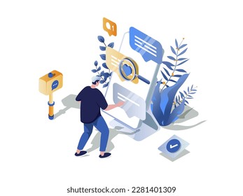 Comments concept 3d isometric web scene. People leaving positive comments at sites or messages in chats, sharing customer experience review and feedback. Vector illustration in isometry graphic design