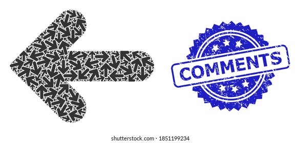 Comments corroded seal and vector recursive mosaic left direction. Blue seal has Comments title inside rosette. Vector mosaic is constructed from recursive rotated left direction icons.
