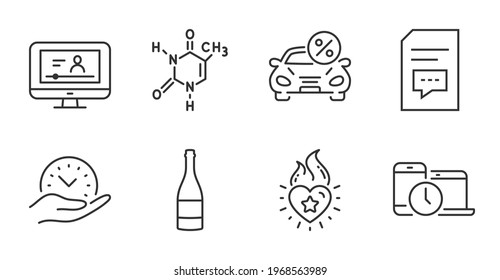 Comments, Heart flame and Champagne bottle line icons set. Time management, Car leasing and Safe time signs. Online video, Chemical formula symbols. Quality line icons. Comments badge. Vector