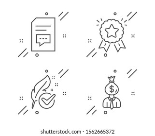 Comments, Hypoallergenic tested and Ranking star line icons set. Manager sign. Document with speech bubble, Feather, Winner medal. Work profit. Line comments outline icon. Vector