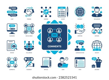 Comments icon set. Communication, Social Media, Followers, Chat, Blogging, Sharing, Survey, Internet. Duotone color solid icons