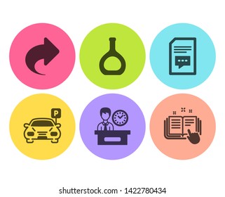 Comments, Parking and Presentation time icons simple set. Cognac bottle, Share and Technical documentation signs. Document with speech bubble, Car park. Business set. Flat comments icon. Circle button