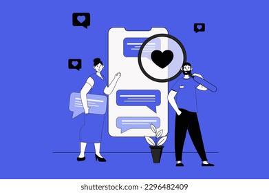 Comments web concept with character scene in flat design. People leaving messages in chats, discussing and communicating online in mobile app. Vector illustration for social media marketing material.