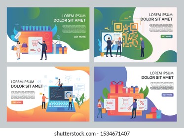 Commerce and analysis illustration set. People doing shopping, buying at sale, presenting sales report. Business concept. Vector illustration for landing pages, presentation slide templates