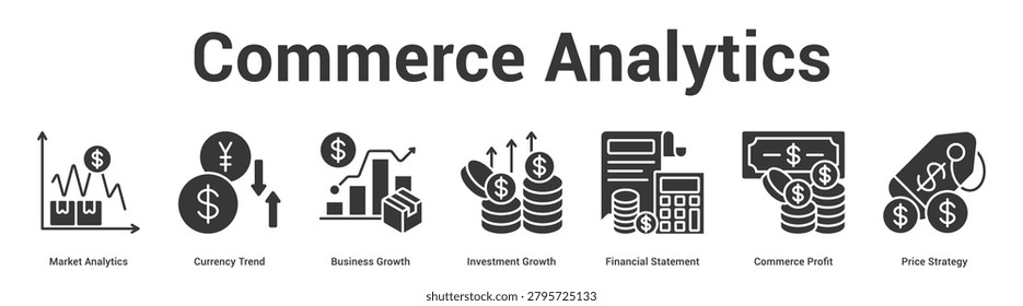 Commerce Analytics web banner icon set vector illustration concept for business with icon of Market Analytics, Currency Trend, Business Growth, Investment Growth, Financial Statement, Commerce Prof.