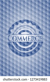 Commerce blue badge with geometric background.