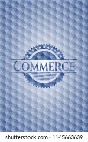Commerce blue emblem with geometric pattern background.