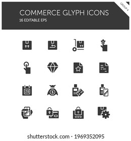 Commerce. Box, diamond, hand, swiping machine, security, money and calendar group. Isolated icon set. Glyph vector illustration