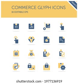 Commerce. Box, diamond, hand, swiping machine, security, money and calendar group. Isolated icon set. Isolated icon set. Glyph vector illustration