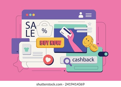 Commerce concept in flat neo brutalism design for web. Online shopping at sale, ordering goods with credit card payment at webpage. Vector illustration for social media banner, marketing material.