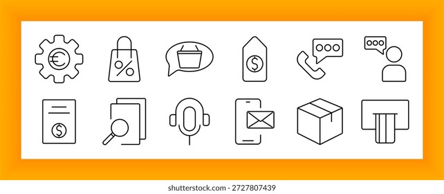 Ícone de conjunto de comércio e serviço ao cliente. Inclui etiqueta de preço, engrenagem de euro, fone de ouvido, documento, caixa, telefone, balão de fala, saco, mensagem, cesta de compras, lupa e leitor de cartão