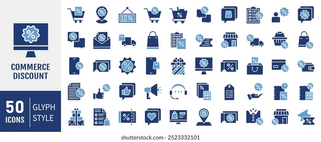 Conjunto de colección de icono de descuento de comercio. Contiene descuento, cupón, mensaje, icono de marketing. Ilustración vectorial plana simple