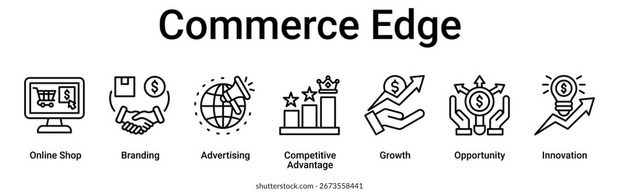 Concepto de Ilustración vectorial de icono de Web de Anuncio de borde de comercio para negocios con ícono de tienda en línea, marca, publicidad, ventaja competitiva, crecimiento, oportunidad.