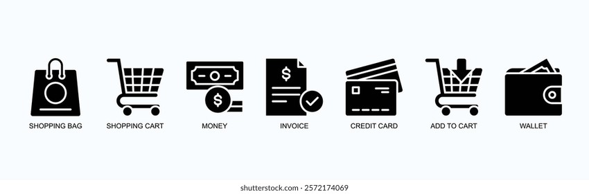 Commerce Essentials Icon Set Isolated Vector Illustration Concept With Icon Of Shopping Bag, Shopping Cart, Money, Invoice, Credit Card, Add To Cart, Wallet In Glyph Style