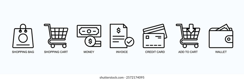 Commerce Essentials Icon Set Isolated Vector Illustration Concept With Icon Of Shopping Bag, Shopping Cart, Money, Invoice, Credit Card, Add To Cart, Wallet In Outline Style