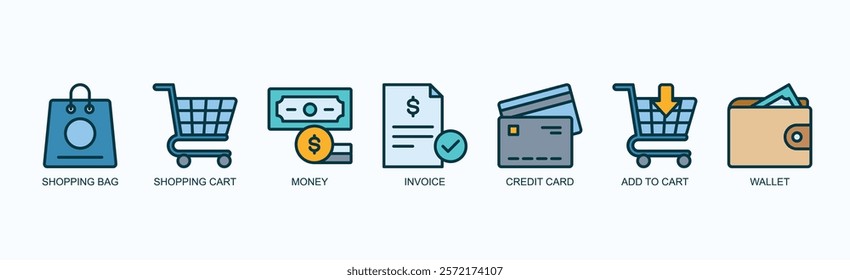 Commerce Essentials Icon Set Isolated Vector Illustration Concept With Icon Of Shopping Bag, Shopping Cart, Money, Invoice, Credit Card, Add To Cart, Wallet In Outline Color Style