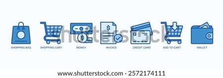 Commerce Essentials Icon Set Isolated Vector Illustration Concept With Icon Of Shopping Bag, Shopping Cart, Money, Invoice, Credit Card, Add To Cart, Wallet In Blue Style