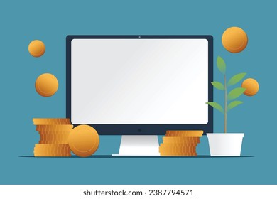 ilustración de vector de financiación del comercio con monedas planta de computadora para el concepto de crecimiento del marketing en línea