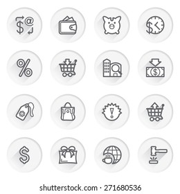 Commerce flat contour icons on gray buttons.