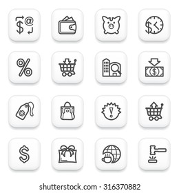 Commerce flat contour icons on white buttons.