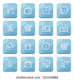 Commerce flat contour icons on blue buttons.