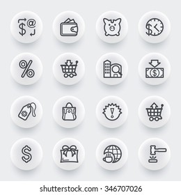 Commerce flat contour icons on white buttons.
