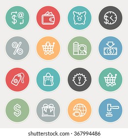 Commerce flat contour icons on color buttons.