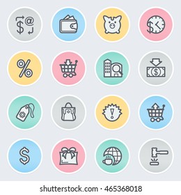 Commerce flat contour icons on color stickers.