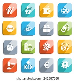 Commerce flat icons with color buttons.
