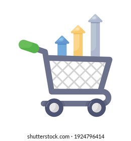 
Commerce growth icon in flat design, upward arrows inside wheelbarrow 