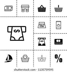 Commerce icon. collection of 13 commerce filled and outline icons such as atm money withdraw, shopping basket, online shopping. editable commerce icons for web and mobile.