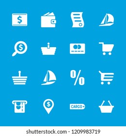 Commerce icon. collection of 16 commerce filled icons such as shopping basket, shopping cart, sailboat, bill of house sell. editable commerce icons for web and mobile.