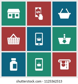 Commerce icon. collection of 9 commerce filled icons such as shopping basket, online shopping, medical bottle, shopping bag. editable commerce icons for web and mobile.