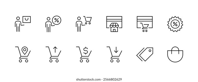 Commerce icon collection. Store icon set. Retail, shopping bag, wallet, sale, invoice, price tag, marketplace and more. Editable stroke. Pixel Perfect. Grid base 32px.