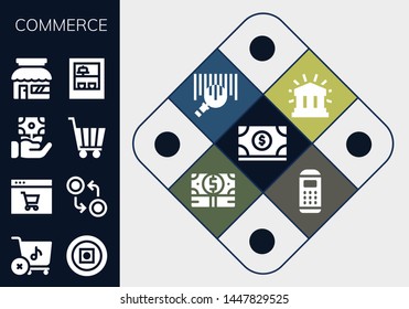 commerce icon set. 13 filled commerce icons.  Collection Of - Money, Store, Online shop, Currency, Shopping cart, Shop, Financial, Barcode, Payment terminal